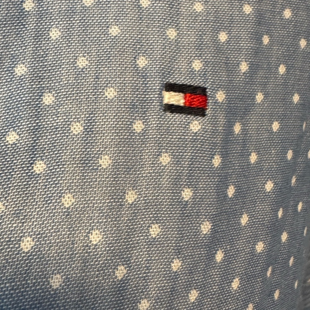 Tommy Hilfiger mini dress white polka dot/ blue collared belted half button sz10 - Picture 10 of 12
